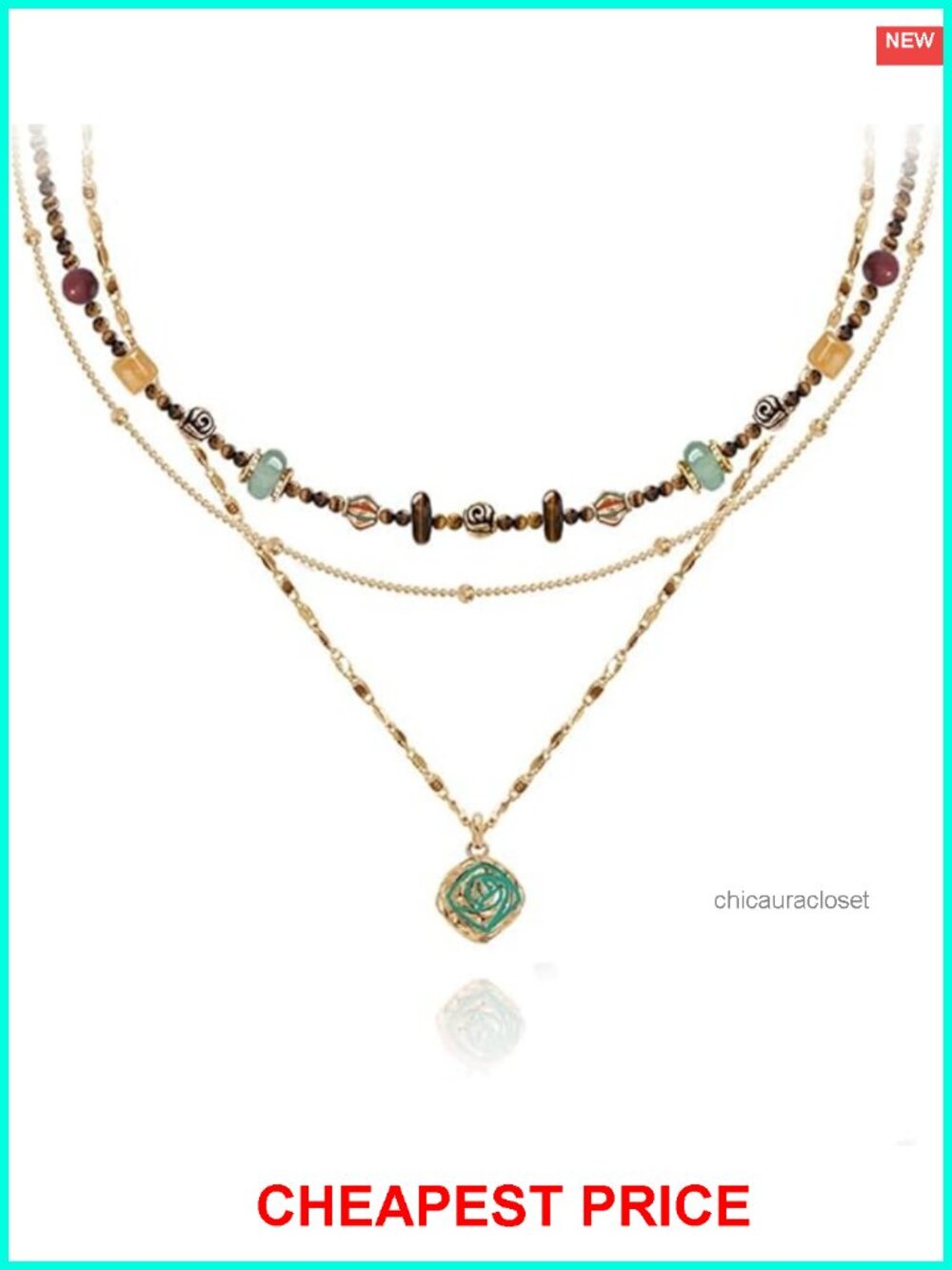 Multi-Layered Beaded Pendant Necklace Gold-Plated Brass Bohemian Fashion
